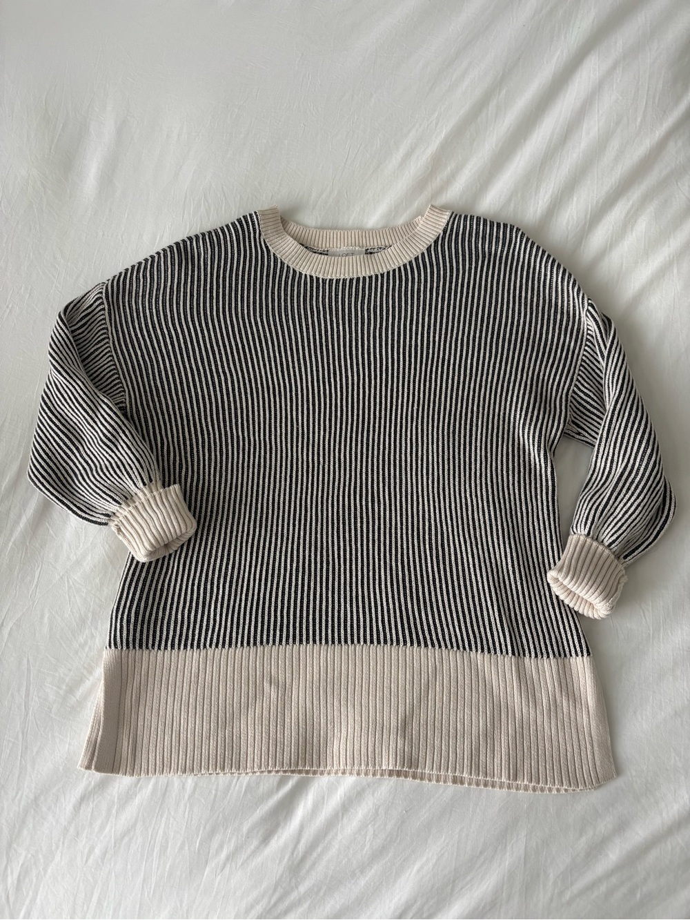 LOFT Black & Cream Striped Cotton Knit Sweater Size M